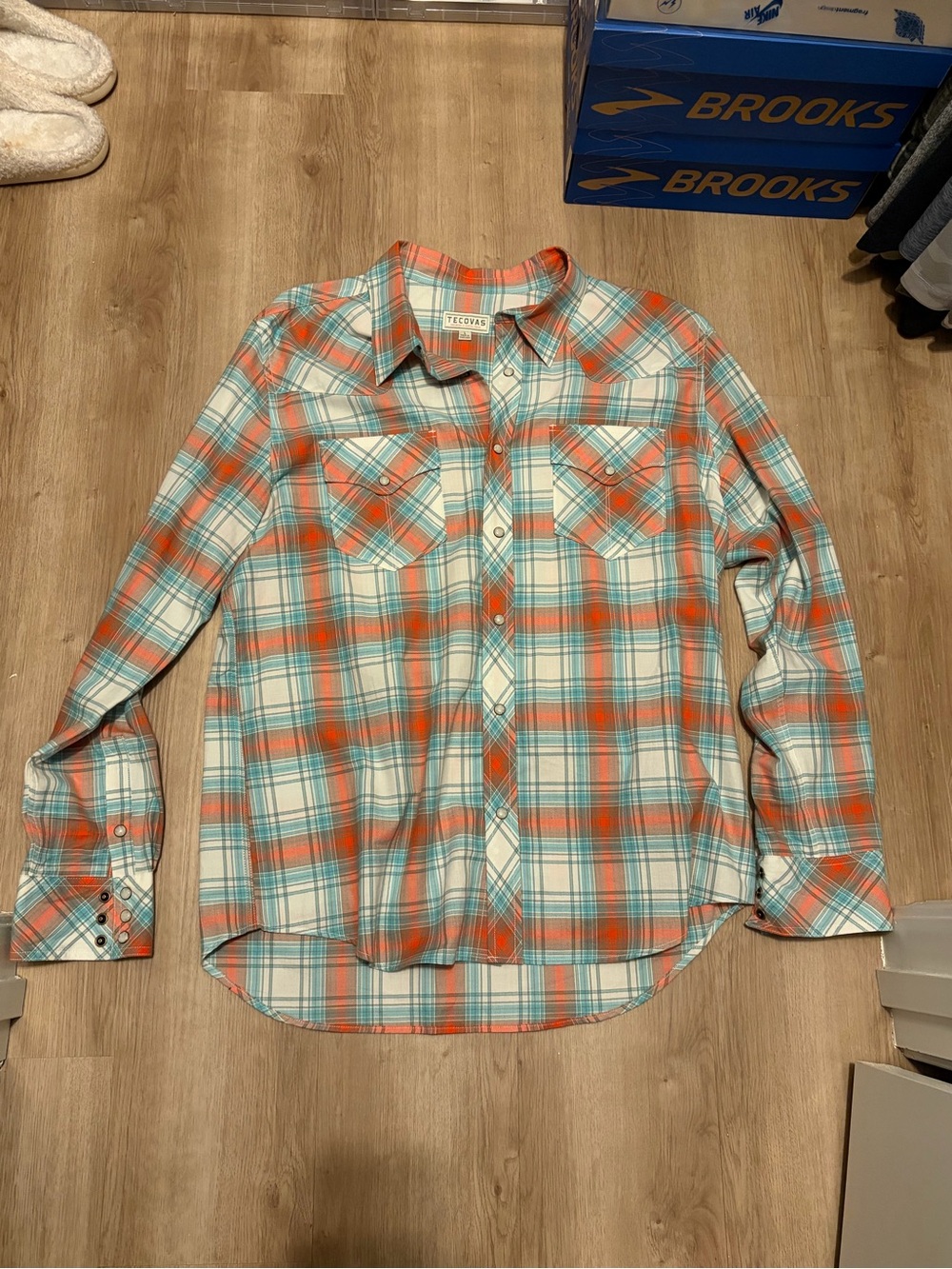 Tecovas Plaid Pearl Snap Shirt in Orange & Light Blue